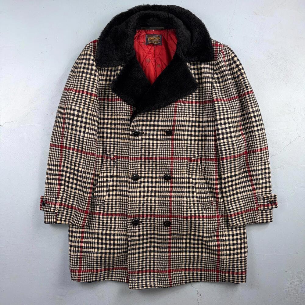 VTG Pendleton Jacket Black Plaid Wool USA Double Breast Chore Car Coat 60s 1960s